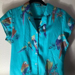 Teal Vintage Button Up - Tropical Birds